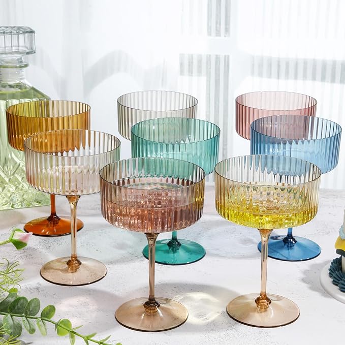 48 Pcs Ribbed Martini Glasses 10 oz Disposable Plastic Vintage Ribbed Coupe Glasses Unbreakable Dessert Parfait Glassware for Wedding Birthday Party Supplies (Classic Color)