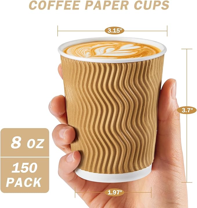 150 Pack 8 oz Coffee Cups, Disposable Corrugated Insulated Ripple Wall Paper Coffee Cups 8 OZ for Hot or Cold Drinks Office Home Cafe Party Travel (Champagne)