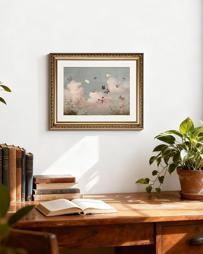 InSimSea Gold Picture Framed Wall Art, Living Room Vintage Butterfly Cloud Nursery Wall Decor, Field Landscape Canvas Print Art, Home Farmhouse Decor, Antique Paintings with Frame 13x16inch