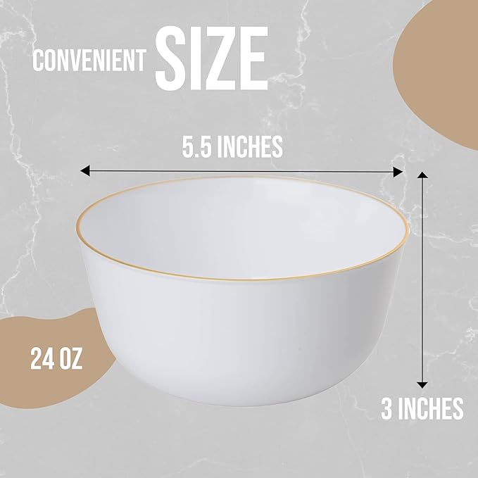Trendables Plastic Bowls - Disposable 24 Oz Set of 50, White Gold Rimmed Fancy Serving Bowls, Perfect for Ice Cream, Salad, and Candy