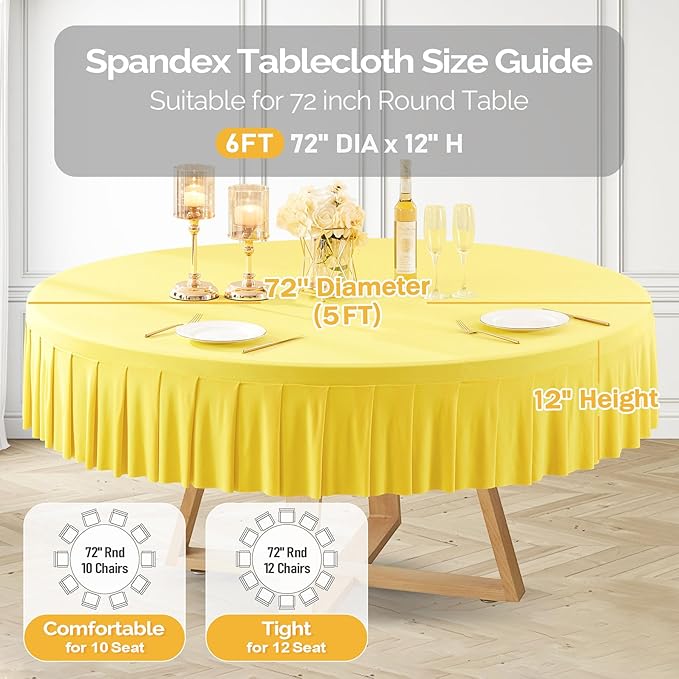 2 Pack Yellow Spandex Round Tablecloths for 72in Table, Stretchy Fitted 6FT Round Table Cloths, Wrinkle Free Table Cover with Skirt for Wedding Birthday Party Bridal Shower Banquet