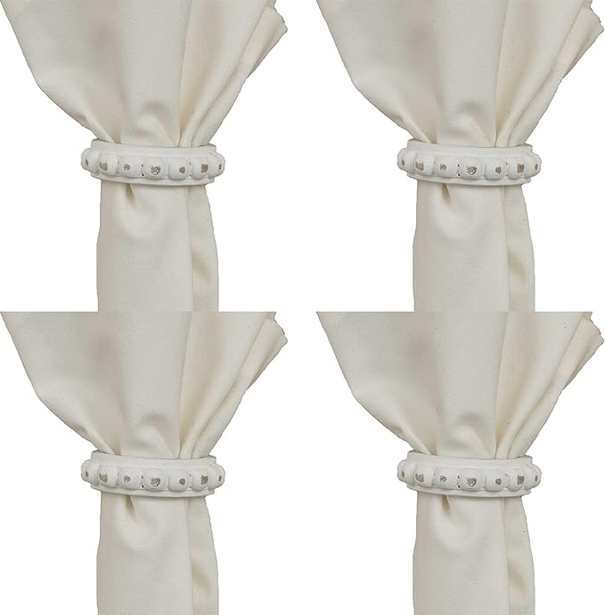 Split P Sun Washed Bead Napkin Ring Set of 4 | Rustic Cream Mango Wood Napkin Holders with Beaded Design | 0.75" x 2.5" | Farmhouse, Coastal & Boho Table Decor
