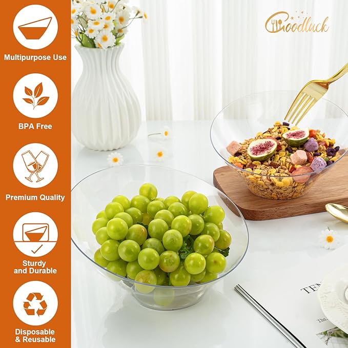 Goodluck 12 Pack Clear Plastic Serving Bowls for Party - 20 OZ Angled Disposable Serving Bowls for Wedding Party Chip, Candy, Salad & Fruit