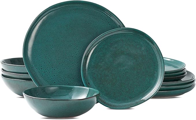 Bestone 12 Pieces Round Kitchen Dinnerware Sets，Plates and Bowls Sets,Dishes, Plates, Bowls, Dish Set, Chip Resistant Ceramic Dinnerware Set, Dishwasher/Microwave Safe,Service for 4,Ceylon Green