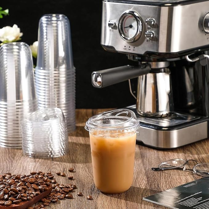 Baderke 100 Pcs Plastic Cups with Sip Lids Round Bottom Disposable Plastic Coffee Cups with Lids Clear Strawless Crystal Mugs for Iced Coffee Smoothie Cold Beverage Party Catering Supplies (16 oz)