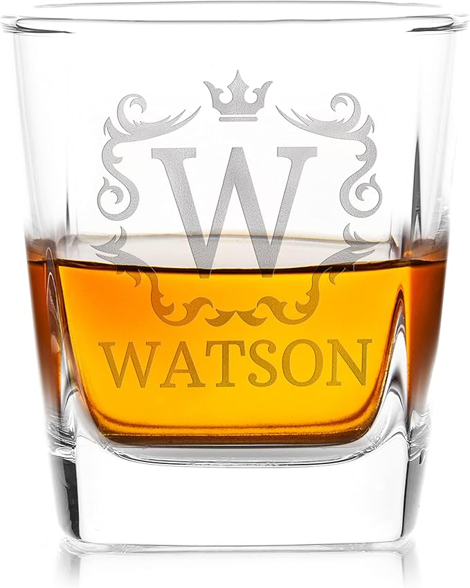 Customization Mill Single, Monogrammed Whiskey Rocks Glasses w/Name & Initial - Whiskey Gifts for Men - 9 Designs - Personalized Bourbon Whiskey Glasses