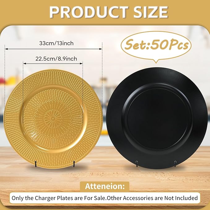 PROY 50 Pcs Gold Charger Plates Bulk, 13 Inch Beaded Gold Chargers for Dinner Plates Plastic Reusable Round Charger Platters for Table Setting, Wedding, Party, Event