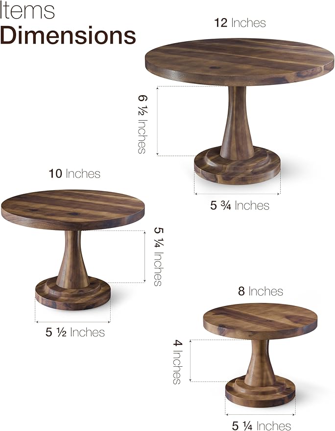 Set of 3 Acacia Wooden Cake Stand - 3PCS Wedding Cake Stand (8"/10"/12" Plate), Outdoor Wood Pedestal Stand for Parties, Restaurants, Birthday - Decorating Cake, Dessert Display (Walnut color)