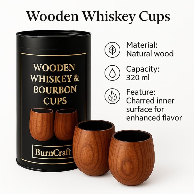 Charred Wooden Bourbon Whiskey Drinking Glasses – Oak Whiskey Tumbler Set of 2 | Bourbon Gifts for Men, Husband, Dad or Brother | Unique Wooden Whiskey Cups (10 oz) | Premium Bourbon Gift Set