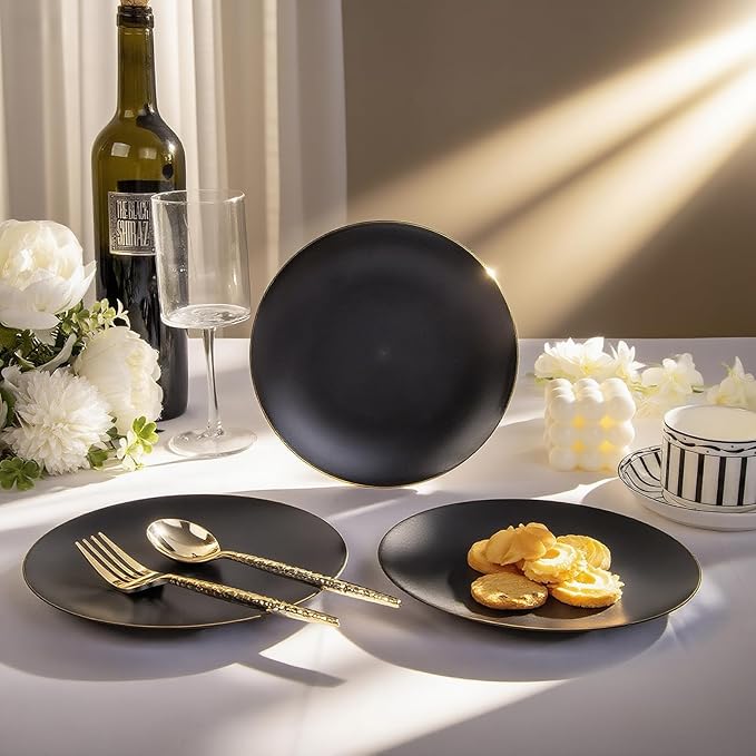EI enjonirinjonir 80pcs Black Dessert Plates with Gold Rim,7.5inch Heavy Duty Disposable Matte Plastic Party Platos Frosted Small Black Dessert/Cake/Appetizer Plastic Plates for Wedding/Tea Party