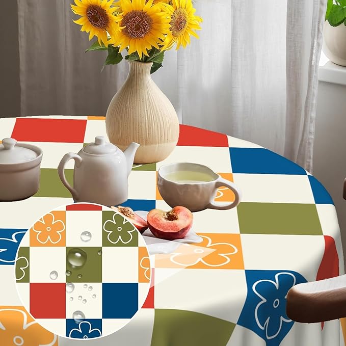 Laeacco 36 Inch Plaid Round Tablecloth Colorful Buffalo Plaid Flower Modern Geometric Abstract Art Print Table Cloth Washable Waterproof Wrinkle Free Table Cover for Kitchen Dining Picnic Party Decor