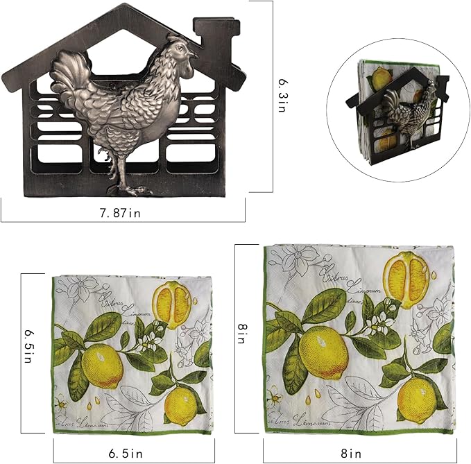 Metal Napkin Holder for Table, Antique Rooster Decorative Farm Style, Rustic Vertical Tissue Paper Napkins Holder for Paper Napkins (Rooster/Black)