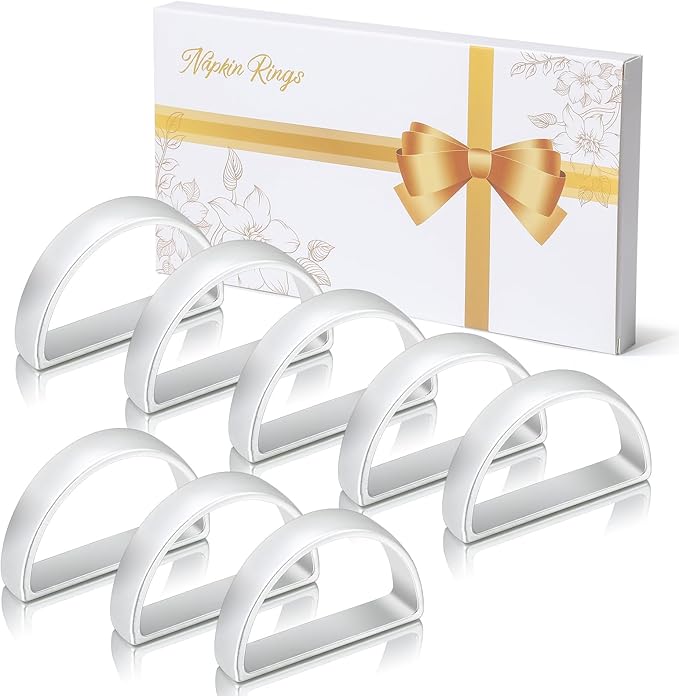 KPOSIYA Napkin Rings Set of 8, Metal Silver Napkin Rings Bulk for Table Settings, D-Shape Napkin Holders Rings for Dinner Table Decor, Easter, Fall,Thanksgiving, Christmas, Party,（Silver 8 pcs）