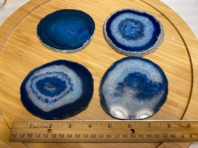 AMOYSTONE Blue Agate Coasters Set of 4, 3.5-4 Inch Polished Gemstone Coasters with Rubber Bumpers, Elegant Wedding Gift for Couples, Home Bar Decor