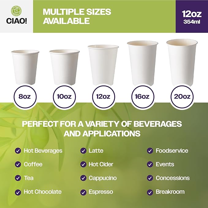 CIAO! 12oz White Paper Hot Cup, Disposable, 90mm Diameter 1,000 Count