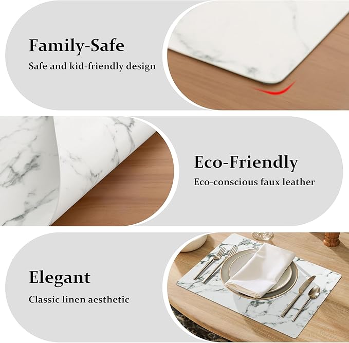 FROMHEART Faux Leather Placemats Set of 6–Waterproof,Heat/Oil Stain-Resistant PU Table Mat–Reversible,Easy to Clean Place Mats for Kitchen,Dining,Indoor/Outdoor,(Marble,11.8" x 17")