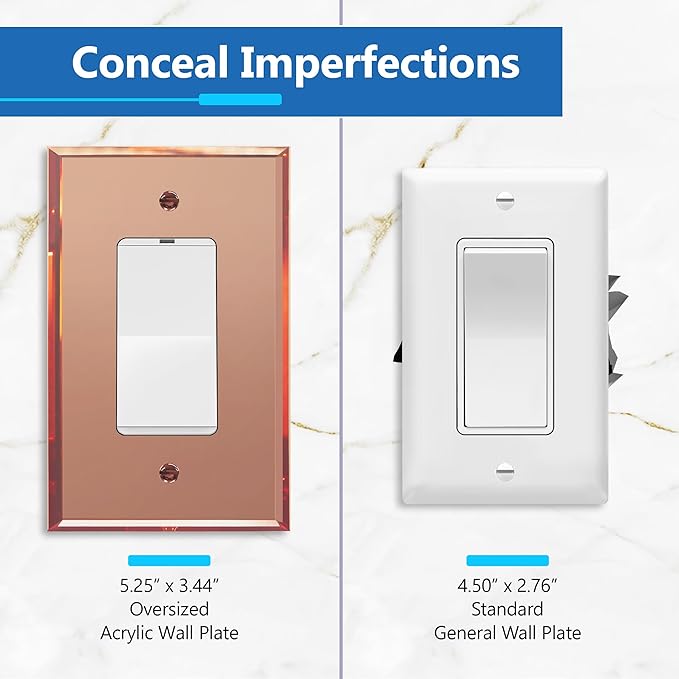 LIDER Reflective Acrylic Decorator Wall Plate, Mirrored Light Switch Plate, Plexiglass Outlet Cover, Acrylic Glass, Oversized 1-Gang 5.25" x 3.44", LWP-31O-ARG, Rose Gold