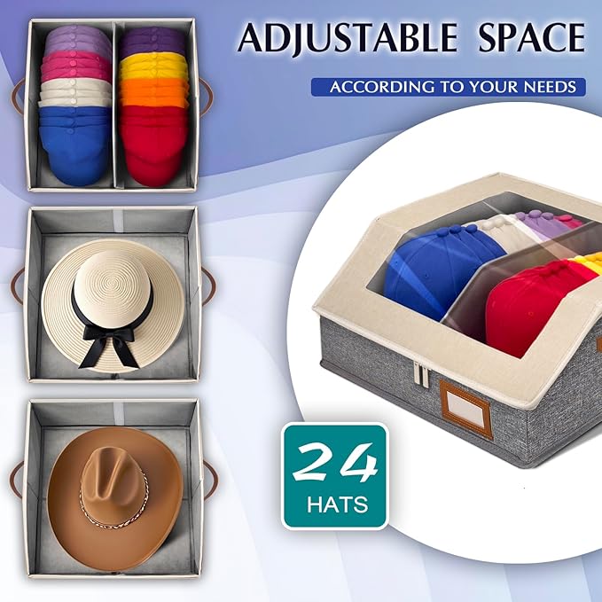 2-in-1 Hat Organizer for Baseball Caps Holds 24-30 Hats Holder for Closet with Clear lid Stackable Hat Storage with Adjustable Space Cowboy Hat Box for Men Women 1 PCS White and Grey