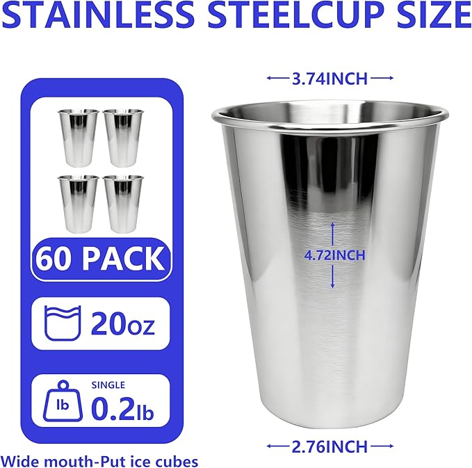 20PCS 20-OZ Tainless Steel Cups,Metal Cups, Stainless Steel Pint CupsStackable Unbreakable Drinking Glasses for Party, BBQ Camping, (60)