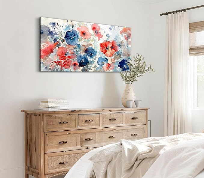 ADJUVANT Wall Art Watercolor Vibrant Floral 60"L x 30"W, Colorful Poppies With Soft Hues Canvas Painting Lively Blooms Artwork Delicate Tones Prints Wall Decor for Living Room Bedroom Bathroom Home Office