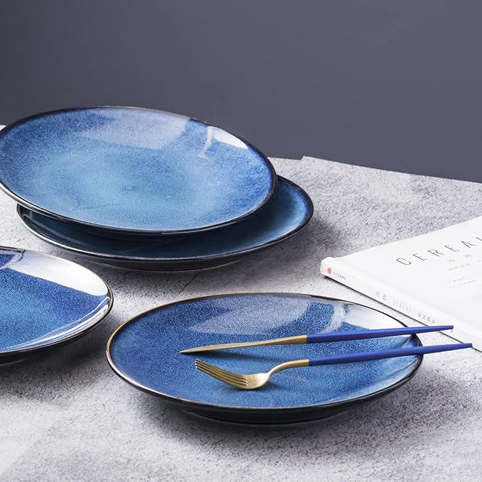 UNICASA Ceramic Dinner Plates Set of 4, Porcelain 10.25 Inch Pasta Plate Set, Reactive Glaze Serving Dishes for Steak, Salad, Pizza, Dishwasher & Microwave Safe (Blue)