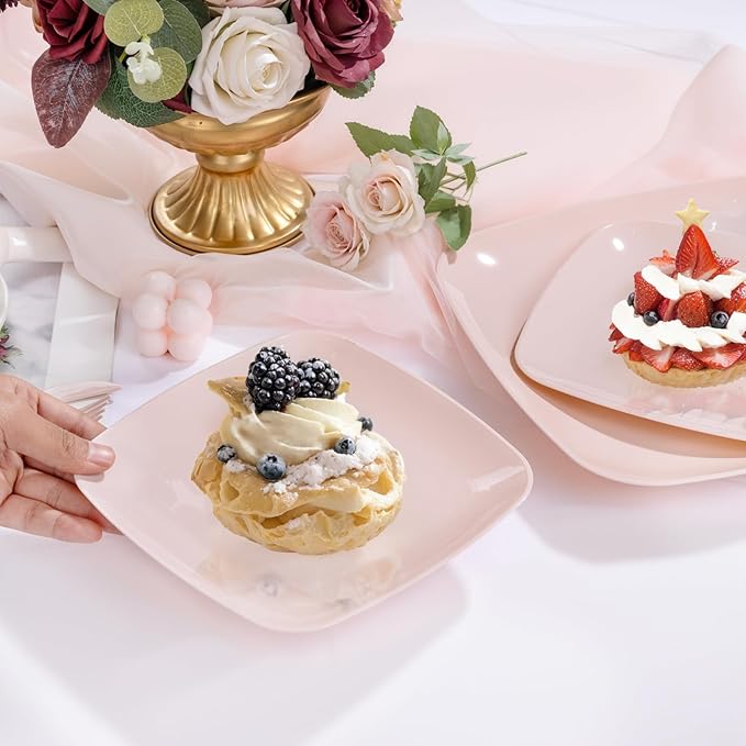 PULOTE 60PCS Pink Square Plastic Plates Disposable - Premium Quality Pink Set Include 30 Dinner / 30 Dessert Plates for Party, Wedding & Valentines Day