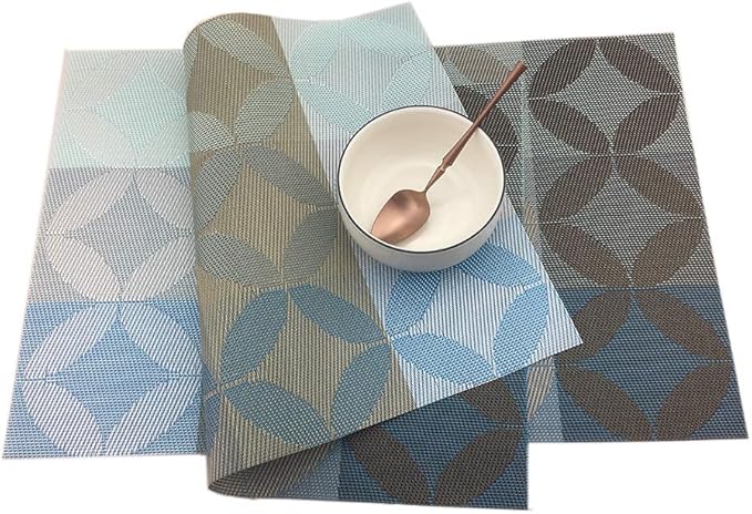 Gugrida Heat-Resistant, Stain Resistant Anti-Skid PVC Woven Vinyl Placemats - Non-Slip Kitchen Table Mats Set of 6 (30x45 cm, Blue)