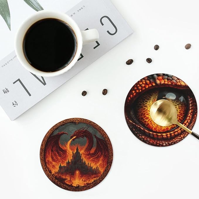 Dragon Coasters for Drinks with Holder Round Leather Coasters Set of 6 Cups Mugs Mat Pad for Home Kitchen Bar