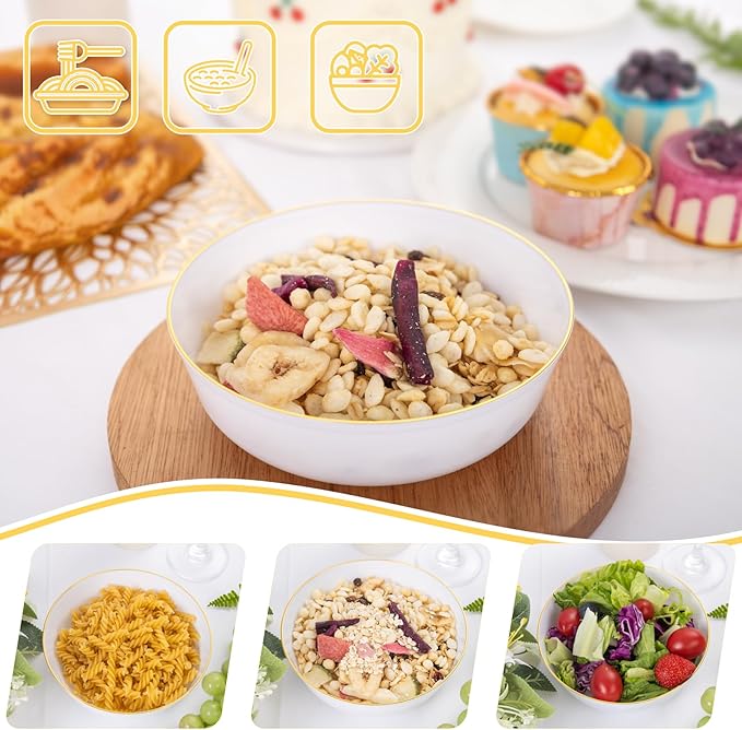 I00000 50 Pack White Plastic Bowls with Gold Rim,16 oz Disposable Soup Bowls,Premium Heavy Plastic Serving Bowls Ideal for Wedding & Party