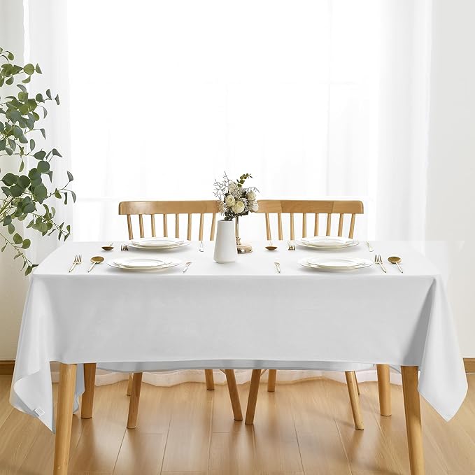 JIUZHEN Faux Linen Rectangle Tablecloth, Wrinkle Stain Resistant Farmhouse Textured Table Cloth Decorative Fabric for Kitchen, Dining, Party, Wedding,Outdoor Use,90 x 156 Inch,White