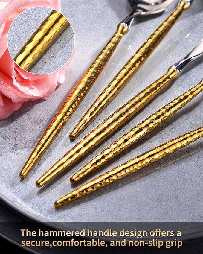 Lemeya 20-Piece Hammered Silver Gold Silverware Set,18/10 Stainless Steel Forging Heavy Duty Cutlery Set for 4, Luxury Unique Flatware Set,Spoons and Forks Set,Mirror Polished,Dishwasher Safe