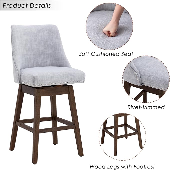 27.5" Counter Height Bar Stool, Linen Fabric Mid Century Modern Swivel Barstool with Back & Wood Legs Comfy Upholstered Counter Chair for Home Bar/Dining Room/Restaurant, Grey