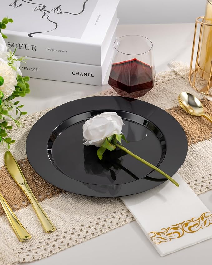 BESTVIP 50PCS Black Plastic Plates, 10.25 Inch Disposable Dinner Plate Party, Heavy Duty Disposable Plastic Plates - Ideal for Parties, Wedding and Birthday, Everyday Meals Use