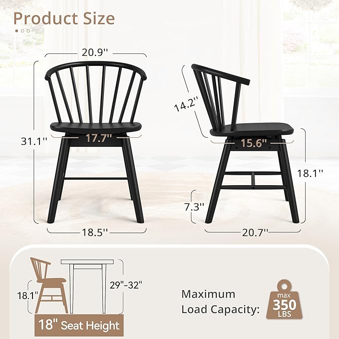 LUE BONA Black Dining Chairs Set of 8, Swivel Windsor Wood Dining Chairs with Semicircular Backrest, Spindle Dining Chair for Kitchen and Dining Room, 18 Inch