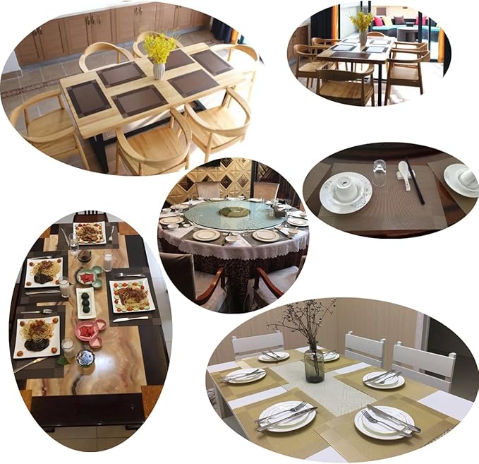 Placemats Washable Easy to Clean Table Mats for Kitchen Table Heat-resistand Woven Vinyl PVC Placemat 12x18 inches Set of 4（Brown）