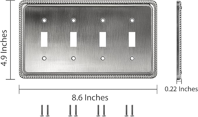 Henne Bery Rope Edge Decorative Wall Plate Switch Plate Outlet Cover (Quad Toggle, Heirloom Silver)
