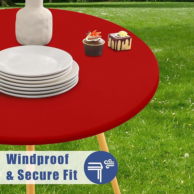 Round Spandex Christmas Tablecloth 2 Pack, Elastic Fitted Waterproof Tablecloths for 18"-24" Tables, Stretch Washable Picnic Table Cover for Camping, Dining, Indoor and Outdoor, Red