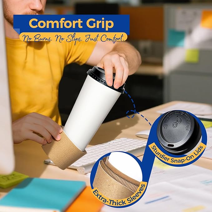 Fit Meal Prep 24 oz 100 Pack To Go Coffee Cups with Lids and Sleeves, Disposable Paper Coffee Cups with Lids for Hot/Cold Beverage