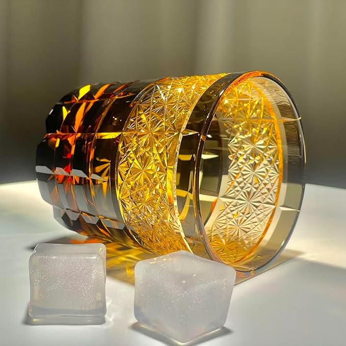 suigetsu Japanese Crystal Whiskey Glass, 10 oz, Amber Black, Engraved Pattern, Old Fashioned Rocks Tumbler with Gift Box (Amber Glow)