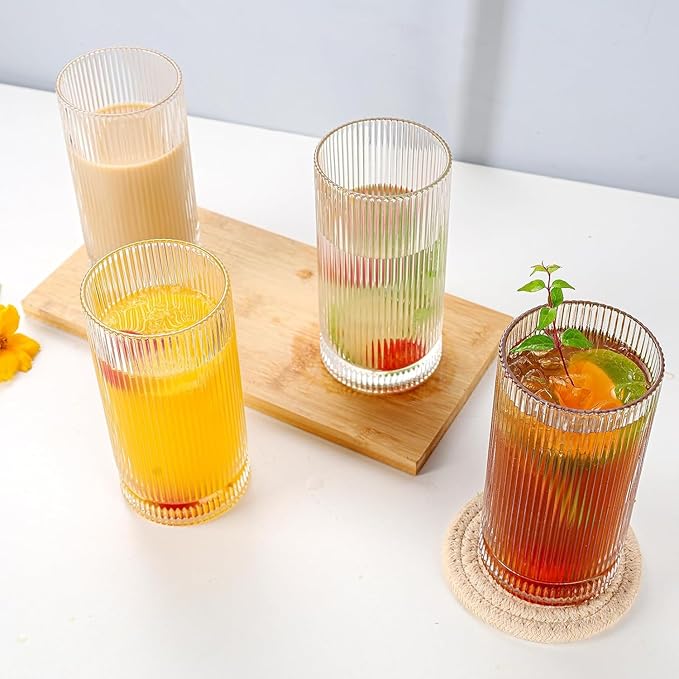 Glass Cups Vintage Glassware Set of 4 Large, Origami Style Transparent Cocktail Glasses Set, Bar Beverages Ice Coffee Cup Juice Ripple Drinkware, Fluted Design