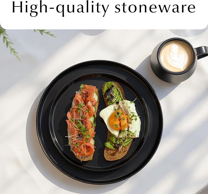 MIAMIO – Ceramic Dinner Plates Set for 4 People/Ceramic Dinnerware 4-Piece, Modern Stoneware, Dishwasher & Microwave Safe – Luxe Collection (Black, 8 Inch)