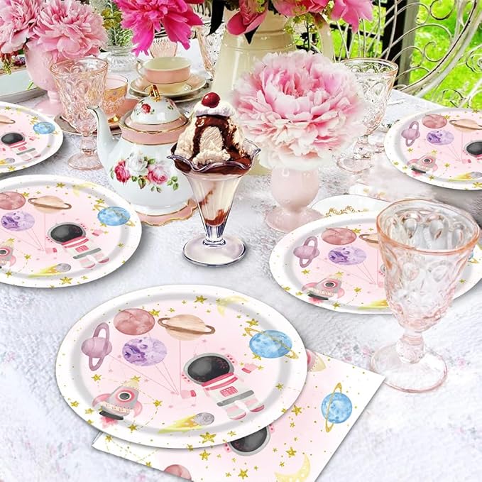 Pink planet Party Plates and Napkins - 40 PCS Pink planet Birthday Party Supplies for Boys and girl Disposable Dinner Dessert Cake Paper Plates Lunch Napkins