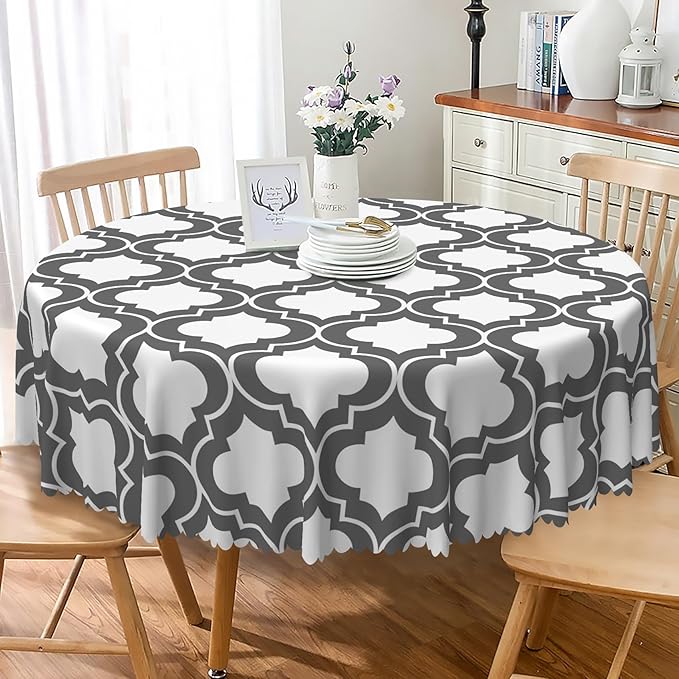 Laeacco 48 Inch Morocco Round Tablecloth Grey White Geometric Lattice Modern Abstract Art Print Table Cloth Washable Waterproof Wrinkle Free Table Cover for Kitchen Dining Picnic Party Decoration