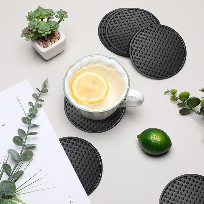 Eccliy 24 Pack Silicone Coasters for Drinks Nonslip Silicone Drink Coasters Cold Hot Heat Resistant for Table Tabletop Coffee Bar (Black)