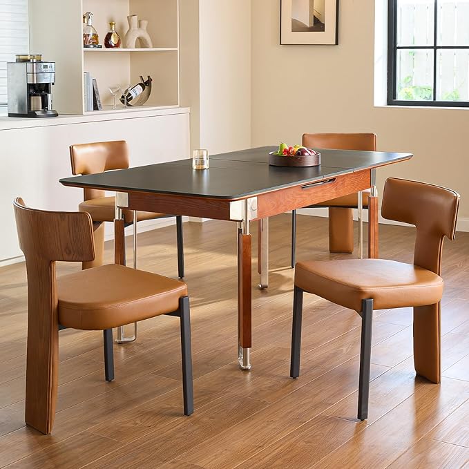 Brown Dining Chairs Set of 4,Faux Leather Dining Chairs with Soft Cushion,Comfortable Upholstered Armless Dining Room Chairs with Curved Plywood Back