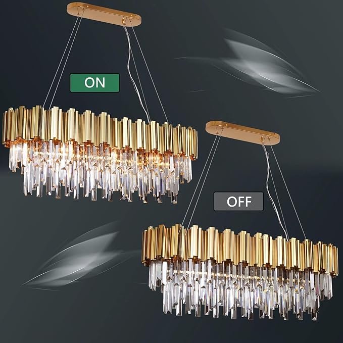 L35.4 Linear Crystal Chandelier Modern Luxury Gold Rectangle Chandeliers for Dining Room Contemporary Oval Raindrop Pendant Ceiling Light Fixture for Kitchen Island Entryway 10 Lights
