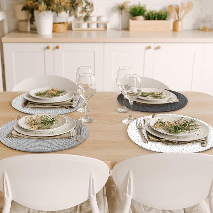Kochorie Set of 4 Round Woven Cotton Placemats, 13 Inch Boho Table Mats for Kitchen and Dining Table, Farmhouse Heat Resistant Washable Trivets, Fall Thanksgiving Christmas Décor (Mixed Gray)