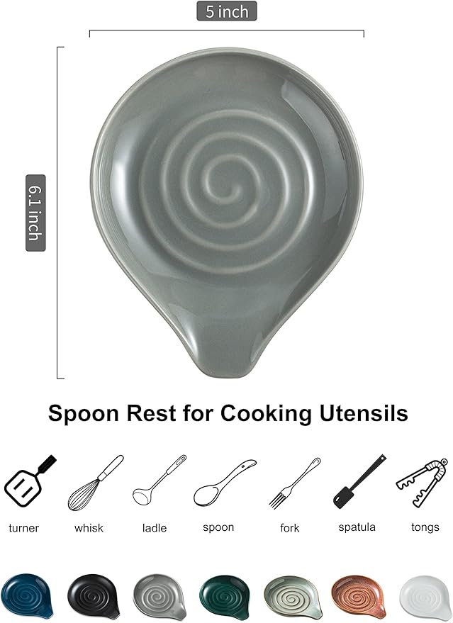 LAUCHUH Spoon Rest for Kitchen Countertop, 5 inch Ceramic Spoon Holder for Stove Top Large Cooking Spoon Holder for Spatula, Ladle or Tongs, Framhouse Decor, Gray