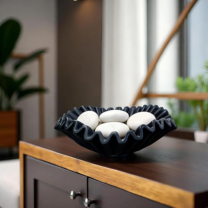 Large Decorative Bowl decor, Scalloped Pedestal Bowls for Modern Home Decor,Ruffle Decor,Stylish Key Bowl for Entry Table,Decorative Fruit Bowl for Kitchen Counter,Black