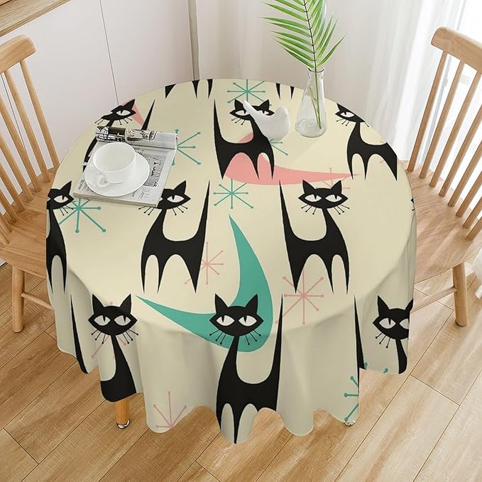Mid Century Colorful Modern Cat Round Tablecloth, Medieval Bohemian Abstract Animal Tablecloth for Home Party Dining Room Kitchen Decor 60Inch(152cm)